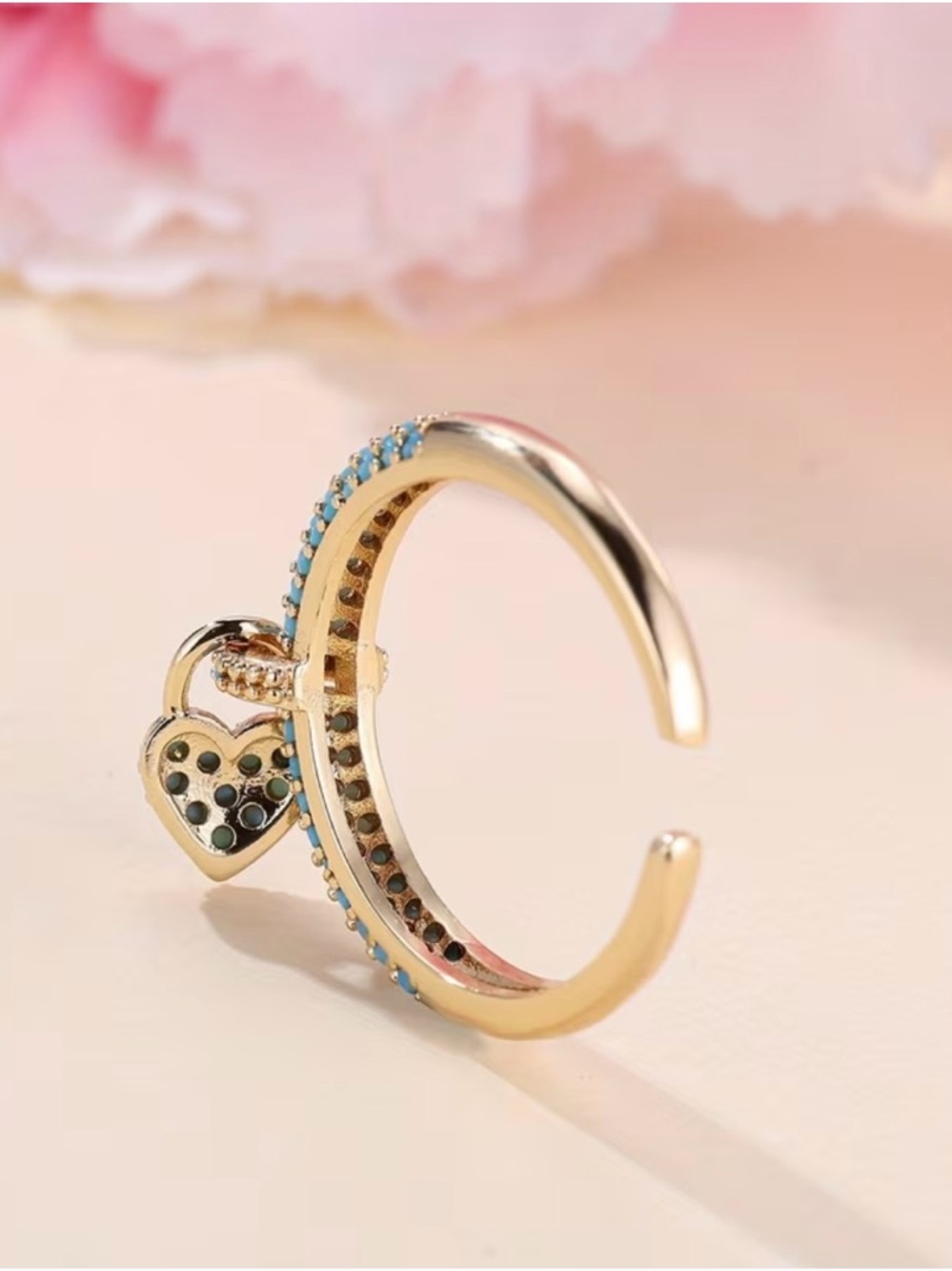 Gold-Tone Turquoise Heart Charm Open Ring - Picture 5 of 5